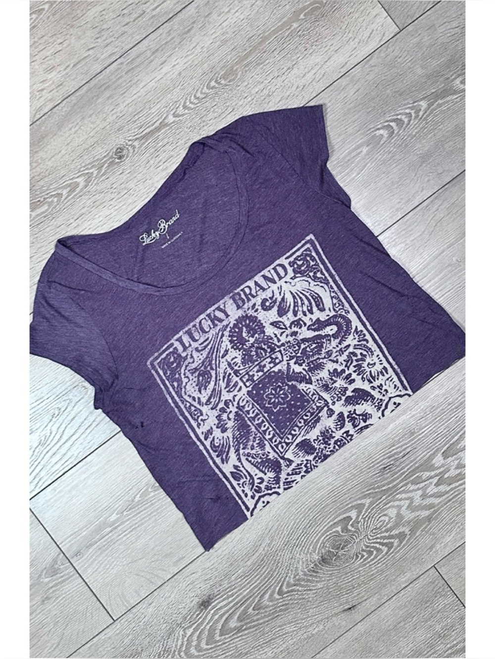 Lucky Brand Distressed Cropped Scoop Neck Graphic Tee Heathered Purple